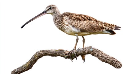 Wooden Branch with Curlew Bird Perched Isolated on Soft White Background for Nature and Wildlife Photography Enthusiasts and Stock Image Collections