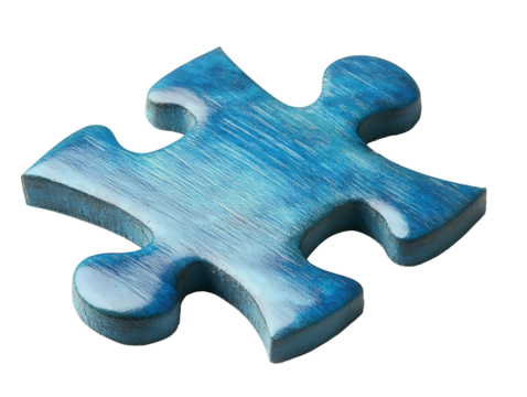 Blue puzzle piece on white & transparent a background.