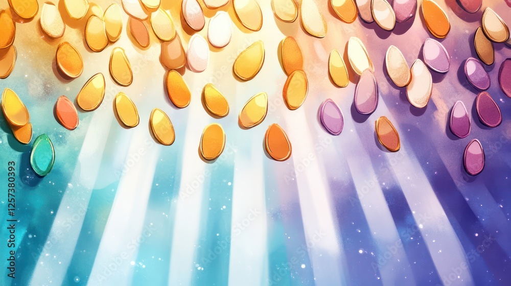 Poster Colorful Droplets with Light Rays and Soft Background for Abstract Art and Design Projects