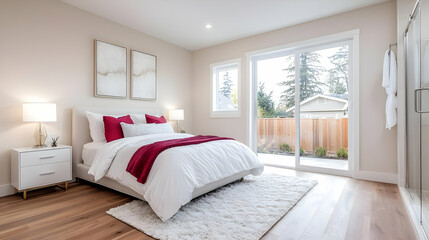 Fototapeta premium Modern bedroom with patio access, serene garden view, hardwood floors, ideal for real estate listings