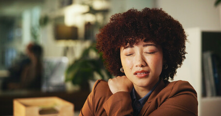 Frustrated woman, shoulder pain and injury with stress at office for strain, pressure or...