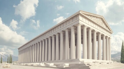 Obraz premium Ancient Greek temple, sunny day, mountain backdrop, historical architecture, design inspiration