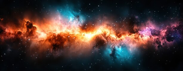 Stunning Cosmic Nebula in Vibrant Colors with Stars and Gas Clouds in a Dark Universe