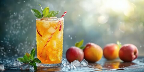 Refreshing iced beverage with fresh apple slices and mint on a sunny day
