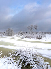 Snowy landscape with a river and trees