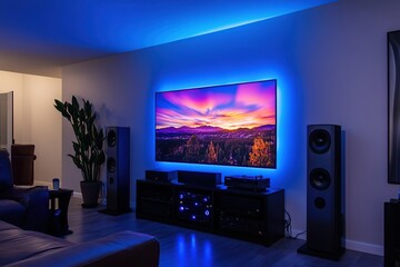 Create a Stunning Home Theater Setup with LED Lights, Large Screen, and Tower Speakers for an Immersive Experience.