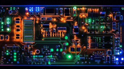 Fototapeta premium A digital circuit board in close-up, glowing with neon blue and green lines, showing the connection of components. 