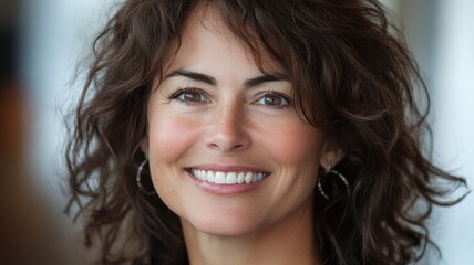 Naklejka premium Smiling woman with curly hair and hoop earrings