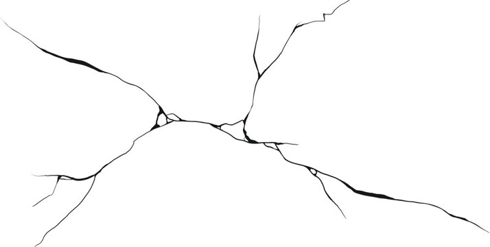 Cracked wall. Damage surface crack and fissure in ground, concrete, crevices from disaster silhouette breaks on land surface from earthquake isolated on white background. Broken ground