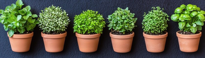 Fototapeta premium Six potted herbs arranged on dark background. Kitchen gardening, cooking
