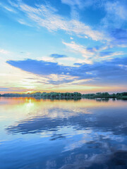 Beautiful blue sky with a few clouds and a lake in the background