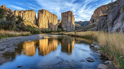 A quiet river flowing through a deep canyon, with rugged rock formations towering above