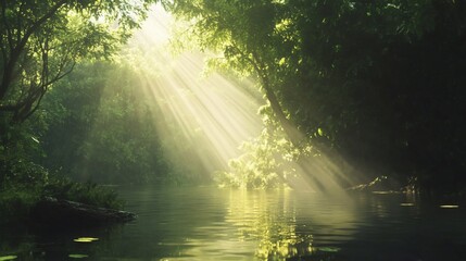 Obraz premium Sunbeams illuminate misty forest river