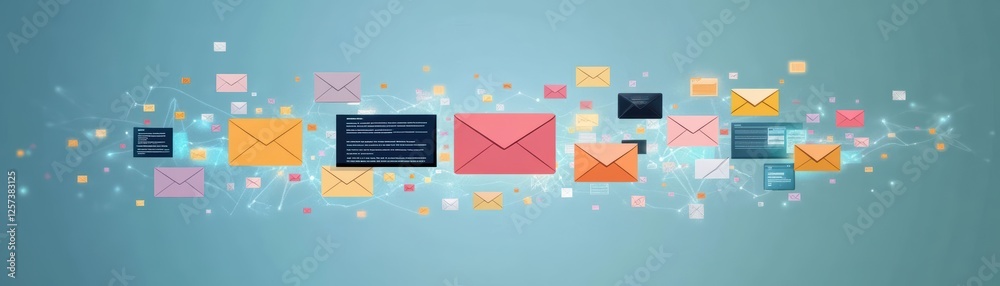 Poster Blue background with multiple emails flying out symbolizing communication and digital messaging