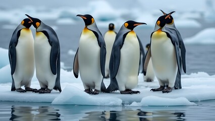 Fototapeta premium Group of Emperor Penguins Standing on Ice in an Antarctic Landscape