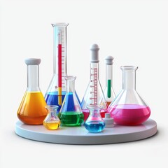 Colorful Laboratory Glassware Featuring Flasks, Beakers, and Test Tubes on a White Surface for Scientific Experimentation
