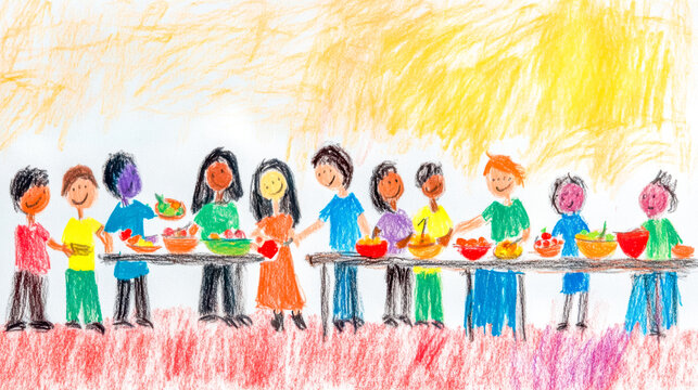 Children sharing food at a potluck party, crayon drawing of community and friendship