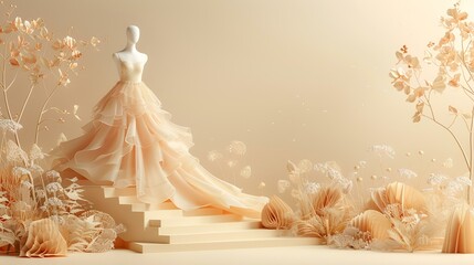 Beige wedding dress on a podium, surrounded by flowers and branches, digitally created