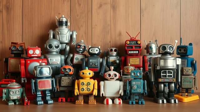 Retro tin robot toys holding up the word "bots" against a vintage backdrop, collection, nostalgia, technology