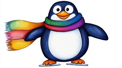 Obraz premium A cheerful cartoon penguin with a colorful scarf, standing on ice skates, exuding a playful winter vibe.