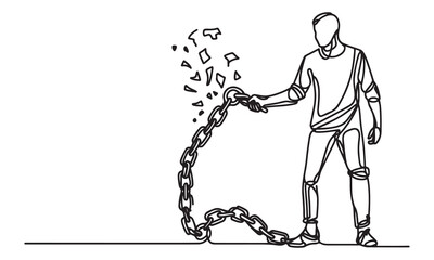 continuous one single line art doodle drawing of businessman with broken chains illustration on white background