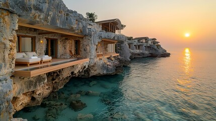 Cliffside cave hotel at sunrise over turquoise water. Possible use Travel brochure, luxury hotel advertisement