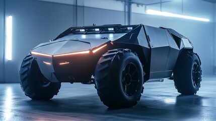 A futuristic armored vehicle with sleek, angular designs and glowing lights, standing in a high-tech military base.