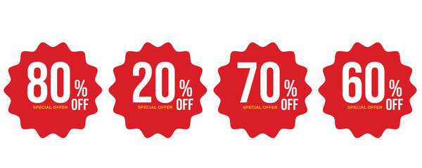 Special offer discounts label starting from 20, 60, 70, 80 percent off. vector discount sticker red.
