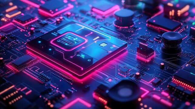 A high-tech abstract design with gaming elements, glowing neon grids, and digital circuitry