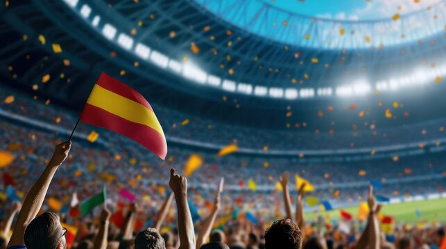 Spanish Fans Wave Flags In A Stadium Celebration