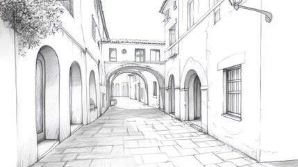 Sketch of arched alleyway, sunlit stone street, old buildings, travel background, illustration