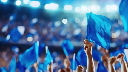 Crowd Cheering With Blue Flags