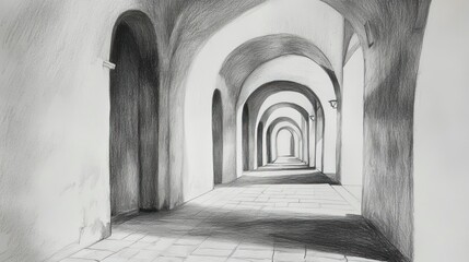 Obraz premium Sunlit arched hallway, perspective drawing, architectural detail, light and shadow