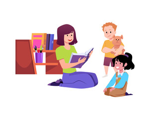 Kindergarten teacher sitting on the floor near the bookshelf and reading a book to children.