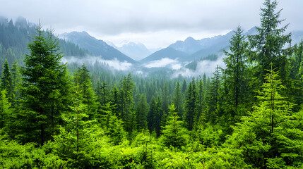 Fototapeta premium Misty mountain valley, evergreen forest, scenic view, nature wallpaper