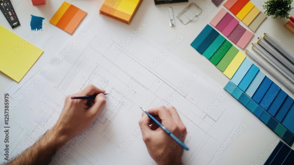 Poster man sketching on paper with pencil in a creative workspace environment