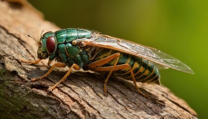 A close-up of a cicada perched on wood, revealing its delicate transparent wings, segmented legs, and striking metallic-green body with golden details