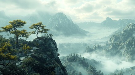 Obraz premium A serene mountain scene shrouded in mist, featuring dense trees and a mysterious atmosphere