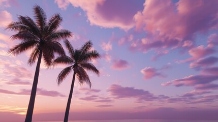 Obraz premium Three palm trees fanning the empty sky, pink and purple sunset, clouds and background, beach scene, cinematic and surreal.