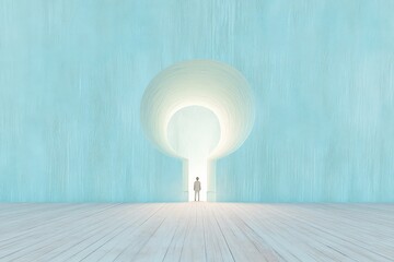 A lone person stands before a massive glowing keyhole-shaped opening in a serene blue environment, representing opportunity, transition, and discovery.
