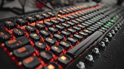 Fototapeta premium Illuminated gaming keyboard, close-up, desk, water drops, background blur