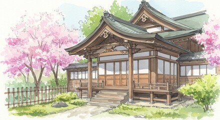 Tranquil japanese temple surrounded by cherry blossoms in watercolor style