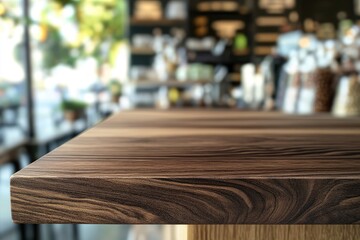 Dark wood table, cafe background, product display, sunlight