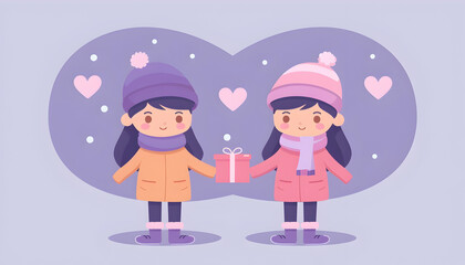 Illustration - Winter Gift Exchange - Children Sharing Presents in the Snow