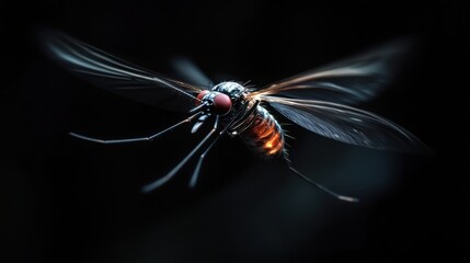 A dramatic close-up of an Aedes mosquito in mid-flight, wings flapping rapidly, blurred motion effect, high-detail realism, cinematic lighting