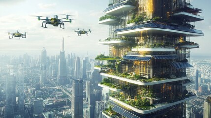 Obraz premium A futuristic skyscraper covered in solar panels, with flying drones delivering supplies to different levels. 