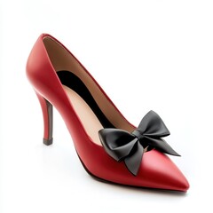 Red high-heel shoe, bow detail, white background, studio shot, fashion