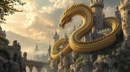 Fototapeta premium Majestic golden dragon coiled around a medieval castle at sunset in fantasy landscape