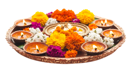 A Close-Up of a Beautifully Decorated Thali with Diyas, Flowers, and Traditional Offerings for Diwali Puja, Isolated on White Background