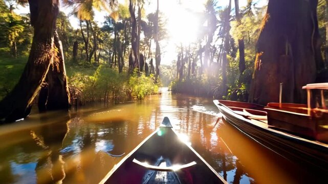 Sailing in a boat through the flooded forest in Amazon. View from the boat at Amazon river, with a dense forest on the shore and blue sky. POV wooden boat. Generative AI